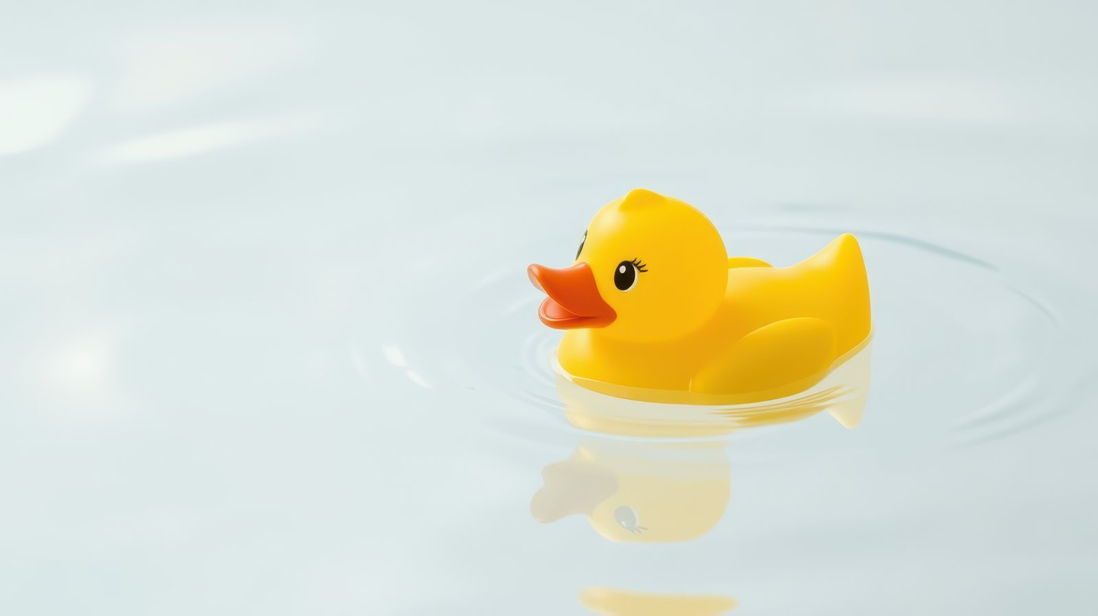 Bright yellow rubber duck floating in calm water on a serene day